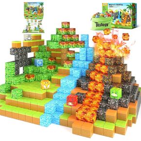Dinosaur Toys Magnetic Blocks-Build Mine Magnet World Volcano Edition Kids Toys for 3+ Year Old Boys and Girls Building Blocks Toddler Toys Games Through Jurassic Learning Sensory Toys Gifts