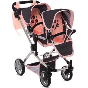 Baby Doll Double Stroller, Twin Pink Pram Buggy Pretend Play for Girls Kids 27.5 in High Adjustable Handle Rotating Wheels Storage Basket Diaper Bag