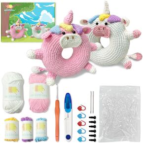 Dw3nwucc Amigurumi طقم كروشيه يونيكورنز مكون من قطعتين للمبتدئين، تعليمات سهلة، طقم كروشيه للمبتدئين البالغين والأطفال، طقم كروشيه حيواني DIY مع دروس فيديو خطوة بخطوة (أبيض ووردي)