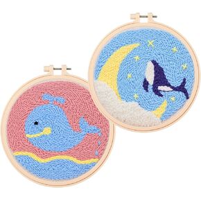 Cheloment 2 Sets Punch Needle Kits with 5mm/3.5mm Punch Needle,Fabric,Threader, Yarns and Hoops Embroidery Starter Kit for Adults Beginner, Perfect for DIY Craft and Decoration (Dolphin&Whale)