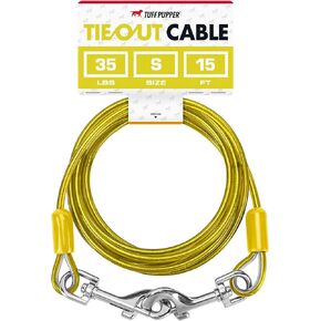 Tuff Pupper Tie Out Cable for Strong Dogs | Dog Runner Cable for Yard | 15-60ft Lengths | Water & Rust Resistant Industrial Strength Steel Cable | 360 Degree No Tangle Swivel Clips (Black/250lbs/25ft)
