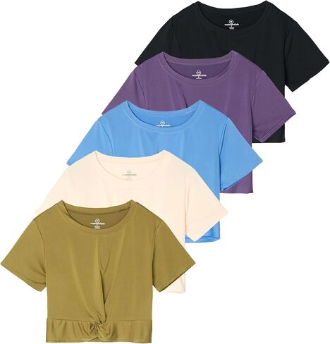 5 Pack: Women's Short Sleeve Twist Front Crop Top Dry-Fit Athletic Crew Neck T-Shirt (Available in Plus) in Saudi Arabia