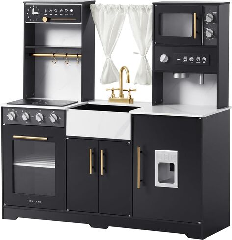 Tiny Land Play Kitchen for Kids, Toy Kitchen Set with Plenty of Play Features, New Modern Kids Wooden Play Kitchen Designed in Trendy Home Style with Curtains, Gift for Ages 3+ in Saudi Arabia