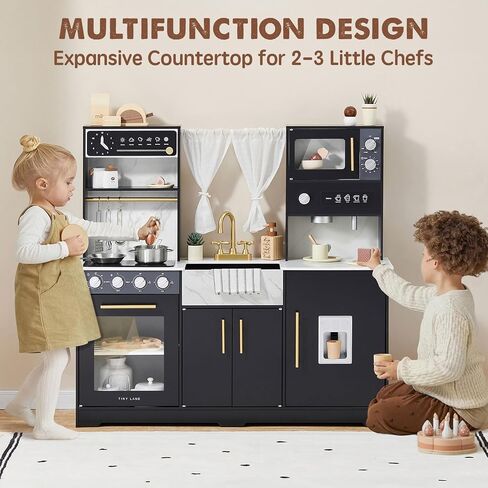 Tiny Land Play Kitchen for Kids, Toy Kitchen Set with Plenty of Play Features, New Modern Kids Wooden Play Kitchen Designed in Trendy Home Style with Curtains, Gift for Ages 3+ in Saudi Arabia