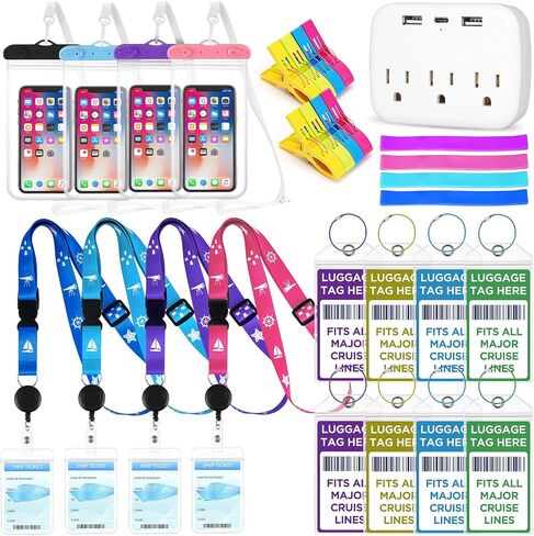 29 Pcs Cruise Essentials Kit Must Haves Set Include Cruise Luggage Tags Holder, Cruise Lanyards, Cruise Power Strip, Towel Bands and Clips, Waterproof Phone Bags for All Cruise Lines in Kuwait