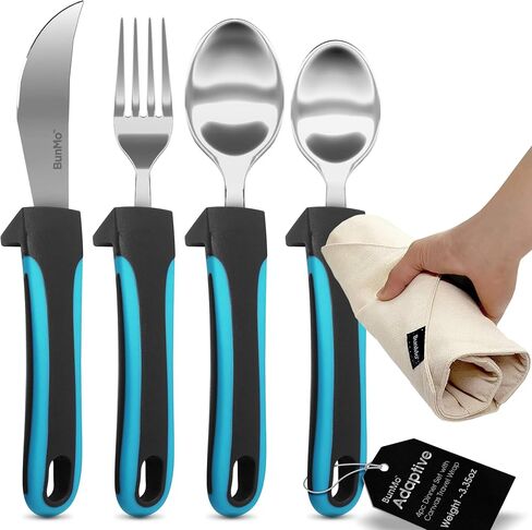 BUNMO Adaptive Utensils - Weighted Knives Forks and Spoons Silverware Set for Elderly People Disability Parkinsons Arthritis Aid Handicapped Hand Muscle Weakness Large Grip Built Up Utensils in Kuwait