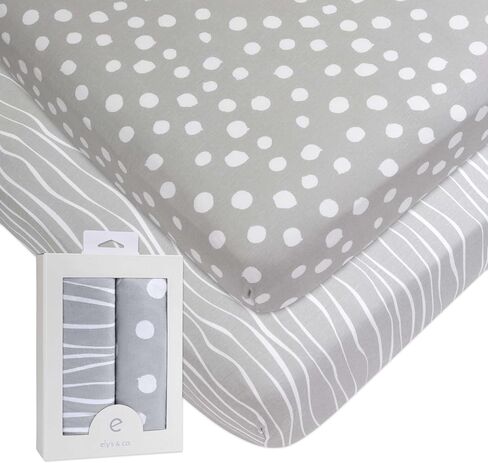 Crib Sheet Set | Toddler Sheet Set 2 Pack 100% Jersey Cotton Grey and White Abstract Stripes and Dots by Ely's & Co in Saudi Arabia