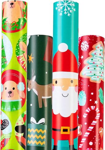 ورق تغليف عيد الميلاد (4 لفات: 148 قدم مربع. ttl) هدايا سانتا كلوز، قصب الحلوى، الرنة، شجرة عيد الميلاد/جرس، نمط الكلاب - مجموعة عناصر عيد الميلاد - 30 بوصة × 14.8 قدم لكل لفة in Kuwait
