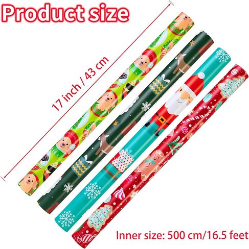 ورق تغليف عيد الميلاد (4 لفات: 148 قدم مربع. ttl) هدايا سانتا كلوز، قصب الحلوى، الرنة، شجرة عيد الميلاد/جرس، نمط الكلاب - مجموعة عناصر عيد الميلاد - 30 بوصة × 14.8 قدم لكل لفة in Kuwait