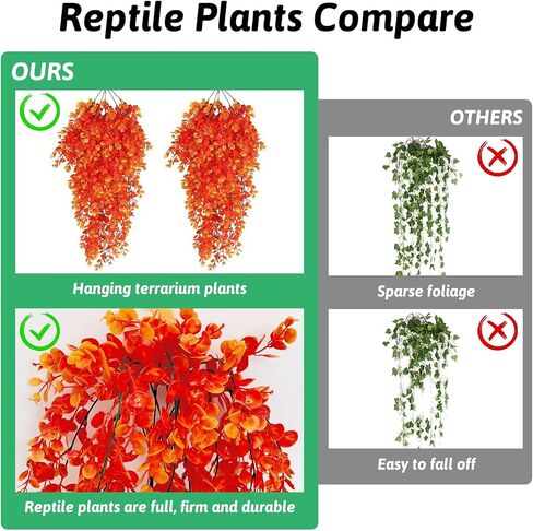 Hamiledyi Fake Reptile Plants 2 Pack Hanging Fake Plants, Plants for Reptiles with Suction Cup, Fake Amphibian Plants for Bearded Dragon Lizard Geckos Chameleon Tank (Orange) in Kuwait