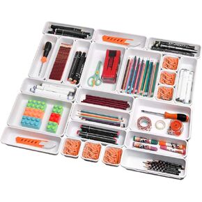 42 PCS Interlocking Desk Drawer Organizer Tray Dividers Plastic Shallow Narrow Drawers Organizers Separators Storage Bins Container for Office Kitchen Bathroom Makeup Vanity Bedroom Dresser