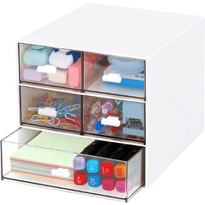 LETURE Desk Organizer with 5 Drawers, Rectangular Office Stationery Supplies Desktop Drawers, Plastic Makeup Storage, Suitable for Office, School, Home (White & 5 Drawers)