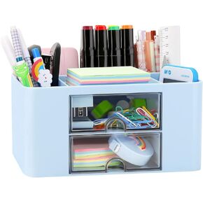 LETURE Desk Organizer with 2 Drawer, Plastic Desktop Pen Pencil Card Holder Storage Box for Desk, Office Supplies, Vanity Table Office School Home (Blue)