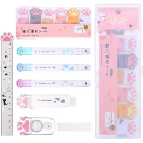 9Pcs Cute Cat Paw Stationery Set, Kawaii Gifts for Kids Cat Lovers Double-Ended Highlighter Retractable Eraser Correction Tape Sticky Notes Ruler Eraser Replacement Core School Supplies(Pink) in Saudi Arabia
