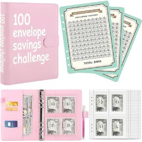 100 Envelopes Money Saving Challenge，A5 Money Saving Binder with Cash Envelopes，Easy and Fun Way to Save $5,050,Budget Book Binder for Budgeting Planner with 25 Clear Reusable Slot (Black)