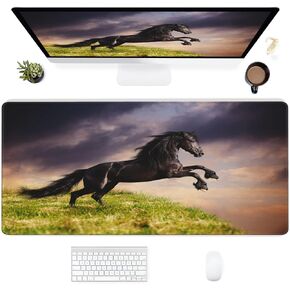 Desk Mat,Black Friesian Horse Extended Gaming Mouse Pad for Office Work & Game,Computer Keyboard Mouse Mat Desk Non-Slip Rubber Base Large Mousepad with Stitched Edges, 31.5x15.7inch