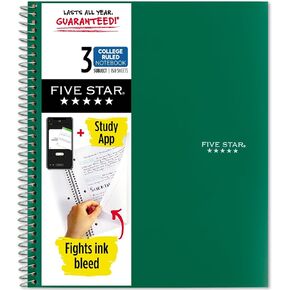Five Star Spiral Notebook + Study App, 3 Subject, College Ruled Paper, Fights Ink Bleed, Water Resistant Cover, 8-1/2" x 11", 150 Sheets, White (72464)