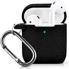 Airpods Case, Silicone Flower Engraved Protective Case Cover Apple Airpod 2/1 Skin Cover with Keychain for Women Girls, Cactus Green Flower