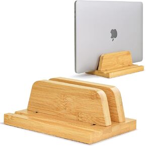 Vertical Laptop Stand for Desk, Double Stand Holder with Adjustable Dock 0.98" to 1.77", Fits All MacBook/Surface/Samsung/HP/Dell/Chrome Book, Natural Bamboo