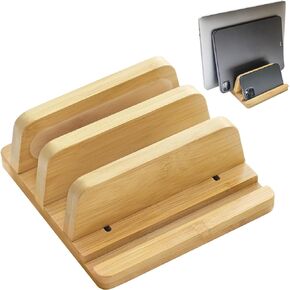 Vertical Laptop Stand for Desk, Double Stand Holder with Adjustable Dock 0.98" to 1.77", Fits All MacBook/Surface/Samsung/HP/Dell/Chrome Book, Natural Bamboo