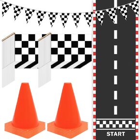 38 Pack Traffic Cones and Racing Checkered Flags for Race Car Party Supplies Include 24 Checkered Flag 12 Mini Traffic Cones 6.5Ft Racetrack Floor Running 9.8Ft Hanging Checkered Flag