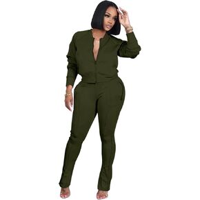 TOPSRANI Women Two Piece Outfits Casual Sweatsuits Bodycon Tracksuit Solid Sweat Suit Zip Crop Jacket Matching Pants Set