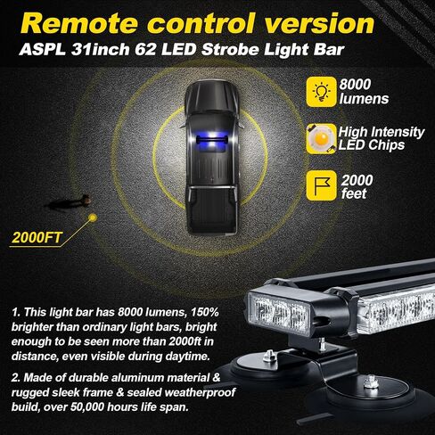 ASPL 31 "62 LED شريط ضوء ستروب مع جهاز تحكم عن بعد مزدوج الجانب وامض تحذير الطوارئ ضوء فلاش ستروب مع 28 مغناطيس قوي لمركبات البناء الآمنة وشاحنات السحب (العنبر / الأبيض) in Kuwait