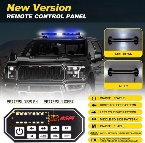 ASPL 31 "62 LED شريط ضوء ستروب مع جهاز تحكم عن بعد مزدوج الجانب وامض تحذير الطوارئ ضوء فلاش ستروب مع 28 مغناطيس قوي لمركبات البناء الآمنة وشاحنات السحب (العنبر / الأبيض) in Kuwait