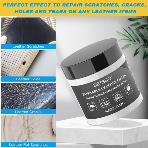 حشو جلدي قابل للطلاء، 4.5 أونصة إصلاح حشو جلدي أبيض للثقوب والخدوش والحروق والدموع والشقوق، مركب إصلاح جلدي لمقاعد السيارة الجلدية والأثاث والأريكة والأحذية in Kuwait