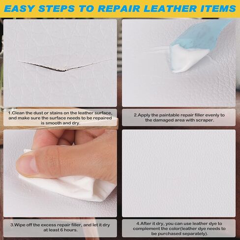 حشو جلدي قابل للطلاء، 4.5 أونصة إصلاح حشو جلدي أبيض للثقوب والخدوش والحروق والدموع والشقوق، مركب إصلاح جلدي لمقاعد السيارة الجلدية والأثاث والأريكة والأحذية in Kuwait