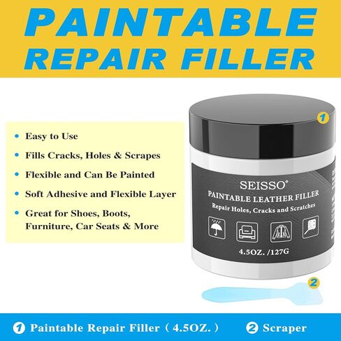 حشو جلدي قابل للطلاء، 4.5 أونصة إصلاح حشو جلدي أبيض للثقوب والخدوش والحروق والدموع والشقوق، مركب إصلاح جلدي لمقاعد السيارة الجلدية والأثاث والأريكة والأحذية in Kuwait