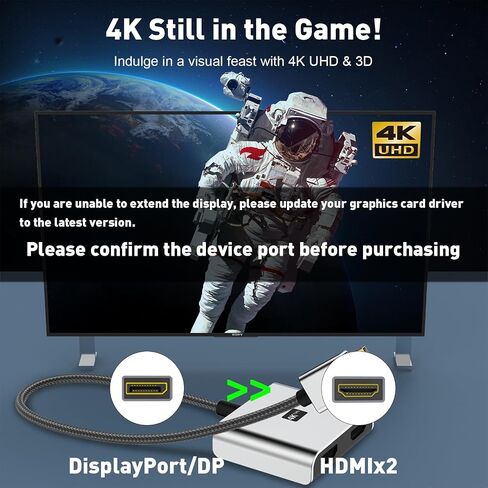 DisplayPort to Dual HDMI Adapter | 4K 60Hz DP to HDMI Splitter Extended Display Adapter for Dual Monitors,Display Port to 2 HDMI Converter for Dell, NVIDIA, AMD, Lenovo, HP in Kuwait