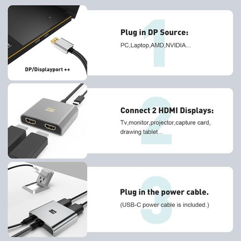 DisplayPort to Dual HDMI Adapter | 4K 60Hz DP to HDMI Splitter Extended Display Adapter for Dual Monitors,Display Port to 2 HDMI Converter for Dell, NVIDIA, AMD, Lenovo, HP in Kuwait