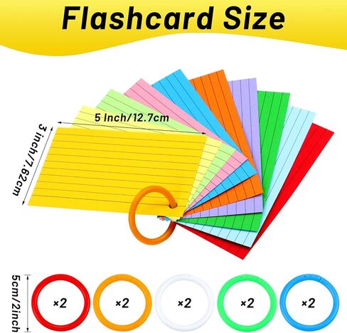 بطاقات فهرسة متعددة الألوان، 600 ورقة بطاقات فلاش مع حلقات، بطاقات فهرسة مسطرة مقاس 3 × 5 بوصة، بطاقات دراسية للتعلم المدرسي واللوازم المكتبية، 10 ألوان in Kuwait