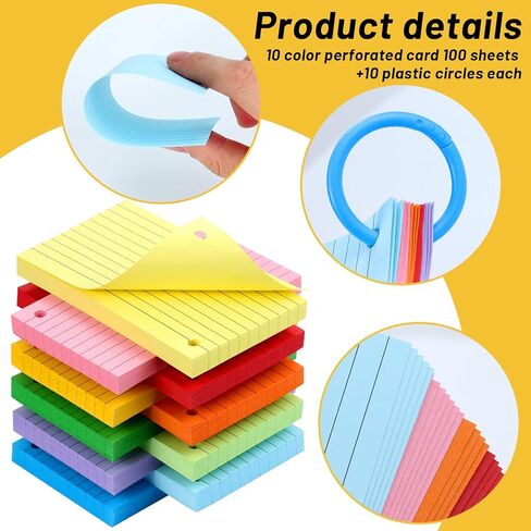 بطاقات فهرسة متعددة الألوان، 600 ورقة بطاقات فلاش مع حلقات، بطاقات فهرسة مسطرة مقاس 3 × 5 بوصة، بطاقات دراسية للتعلم المدرسي واللوازم المكتبية، 10 ألوان in Kuwait