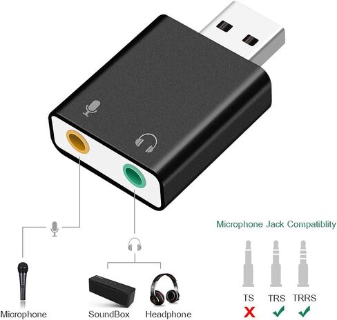 محول صوت USB من Navor Plug & Play مع مقبس سماعة رأس مقاس 3.5 مم باللون الأسود - محول صوت ستيريو خارجي متوافق مع أجهزة الكمبيوتر التي تعمل بنظام Windows وLinux وMac | محول صوت رقمي محمول متعدد الوظائف in Kuwait