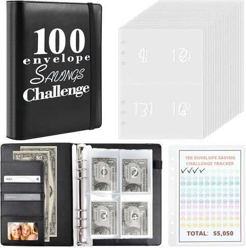 كتاب تحدي توفير المال 100 ظرف، مجلد ميزانية A5 مع مظاريف نقدية، كتاب توفير المال - طريقة سهلة وممتعة لتوفير 5050 دولارًا، مظاريف حشو النقود لوضع الميزانية والادخار (أسود) in Saudi Arabia