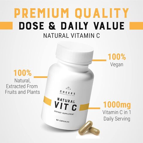 CHEERS - Vitamin C, Natural Immune System Booster Made from Rose HIPS, Grapefruit and Acerola Extracts, Vegan and Gluten-Free Alternative to Vitamin C Tablets, 1000 mg per Capsule, 90 Capsules in Kuwait