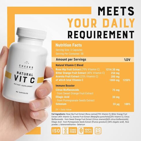 CHEERS - Vitamin C, Natural Immune System Booster Made from Rose HIPS, Grapefruit and Acerola Extracts, Vegan and Gluten-Free Alternative to Vitamin C Tablets, 1000 mg per Capsule, 90 Capsules in Kuwait