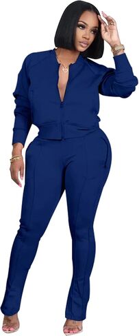 TOPSRANI Women Two Piece Outfits Casual Sweatsuits Bodycon Tracksuit Solid Sweat Suit Zip Crop Jacket Matching Pants Set in Saudi Arabia