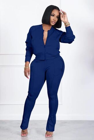 TOPSRANI Women Two Piece Outfits Casual Sweatsuits Bodycon Tracksuit Solid Sweat Suit Zip Crop Jacket Matching Pants Set in Saudi Arabia