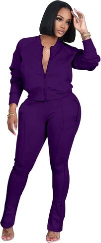 TOPSRANI Women Two Piece Outfits Casual Sweatsuits Bodycon Tracksuit Solid Sweat Suit Zip Crop Jacket Matching Pants Set in Saudi Arabia