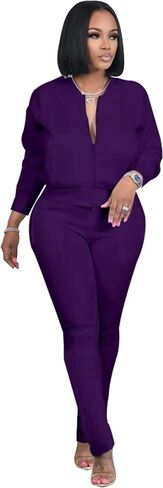 TOPSRANI Women Two Piece Outfits Casual Sweatsuits Bodycon Tracksuit Solid Sweat Suit Zip Crop Jacket Matching Pants Set in Saudi Arabia