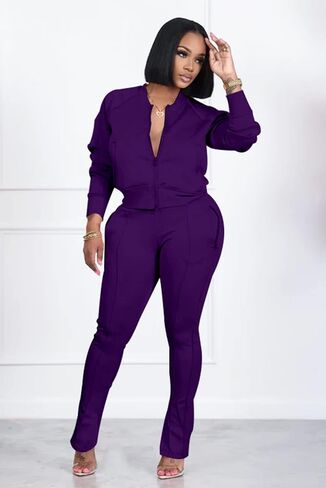 TOPSRANI Women Two Piece Outfits Casual Sweatsuits Bodycon Tracksuit Solid Sweat Suit Zip Crop Jacket Matching Pants Set in Saudi Arabia