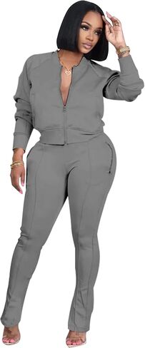 TOPSRANI Women Two Piece Outfits Casual Sweatsuits Bodycon Tracksuit Solid Sweat Suit Zip Crop Jacket Matching Pants Set in Saudi Arabia