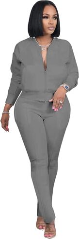 TOPSRANI Women Two Piece Outfits Casual Sweatsuits Bodycon Tracksuit Solid Sweat Suit Zip Crop Jacket Matching Pants Set in Saudi Arabia