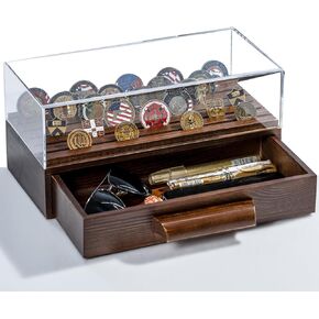 Wooden Challenge Coin Display Case with Clear Cover - Medium Military Coin Display Case Holds 40 Coins on Top & 50 in the Storage Drawer - Versatile Coin Stand Holder & Poker Chip Display Case – Black