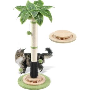 Couner Cat Scratching Post-39.4''Tall Palm Tree Cat Scratching Post for Indoor Cats,Cat Scratcher with Sisal Rope,Wood Base,Self Groomer,4*Hanging Balls,1*Spring Ball,Interactive Ball