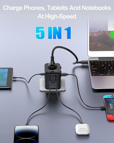 يوفر محول السفر العالمي منافذ USB-C بقدرة 5.8 أمبير 3 × 3.0 أمبير، ومنفذين USB-A بقدرة 2 × 2.4 أمبير ومنفذ تيار متردد متعدد، ومحول قابس الطاقة الدولي، وشاحن عالمي للاتحاد الأوروبي والولايات المتحدة والمملكة المتحدة والاتحاد الأفريقي لأكثر من 200 دولة in Kuwait