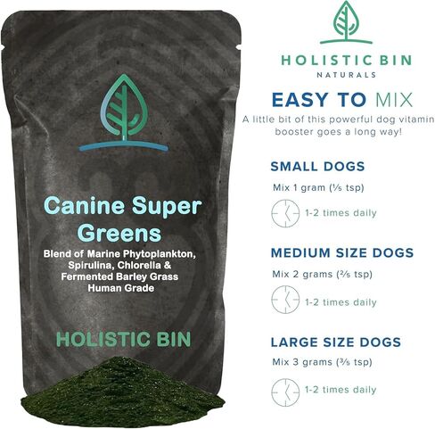 Canine Super Greens by Holistic Bin | Vegan Dog Nutritional Supplement with Marine Phytoplankton, Spirulina, Chlorella, & Fermented Barley Grass | Organic Skin and Coat Support (50 Grams) in Kuwait